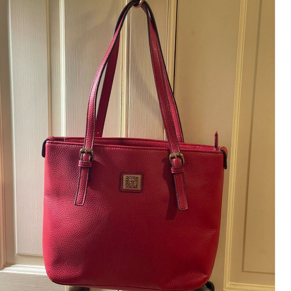 Anne Klein Lion Logo Textured Faux Leather Shoulder Tote Bag - Berry Red